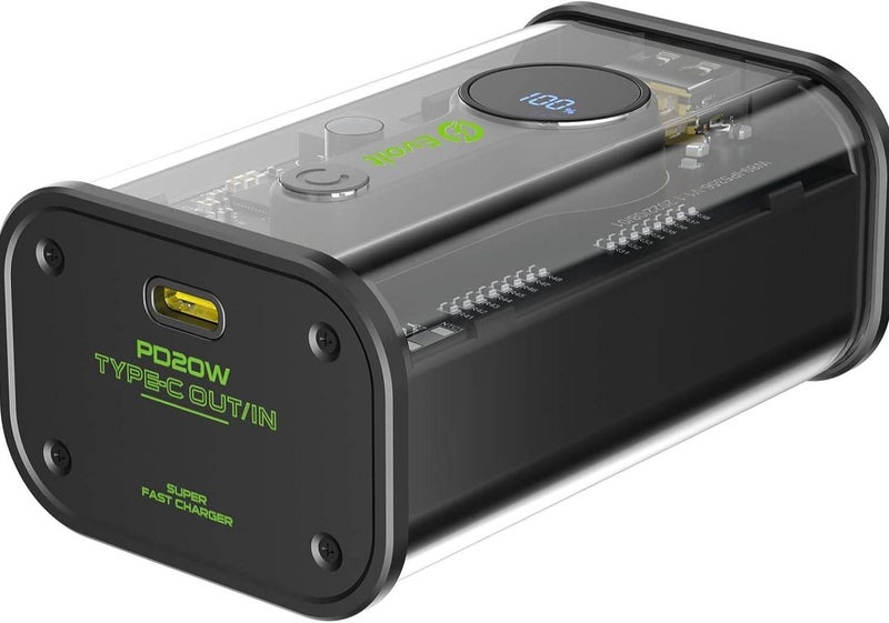 ايڤولت باور بانك شفاف من إيفولت بسعة 10000 مللي أمبير، طاقة بطارية 33.3 واط/ساعة، يمكنه شحن أجهزة متعددة في نفس الوقت، منافذ من النوع C (PD) و USB-A، شحن سريع، أسود | PB-200 - Image 2